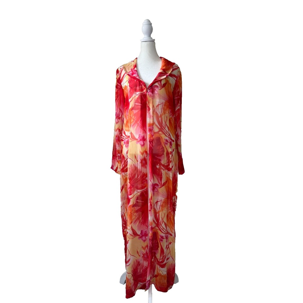 Jenny Helene Silk Feel Sheer Floral Duster Long Blouse Top Red‎ Orange Pink M L